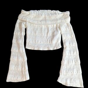 NEW SHEIN Cream Lace Sleeveless Off The Shoulder Flared Long Sleeve Blouse